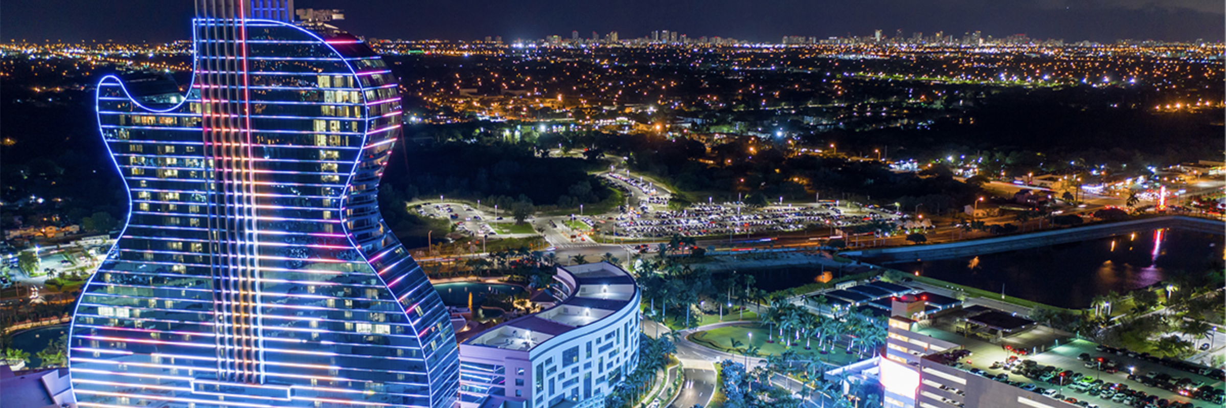 Bird's eye view of the Hard Rock International building in the night time